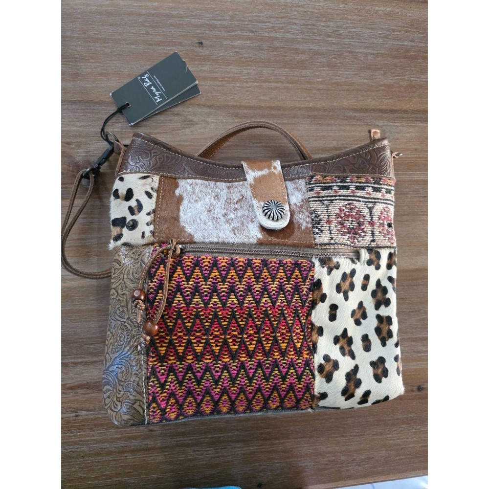 NWT Myra Womens Shoulder Bag Patchwork Leather Cowhide Leopard Print Bohemian - Picture 4 of 10